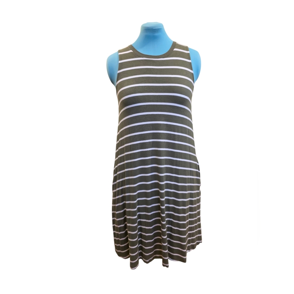 Time and Tru – Sundress – Size M (8–10) – Green with White Thin Stripes – Pocket